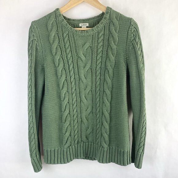 LL Bean Womens Cable Knit Sweater PETITE Large PL Green Fisherman Cotton Chunky - Picture 1 of 8